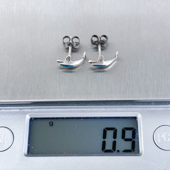 Vintage Sterling Silver 925 Turquoise Dolphin Stud Earrings - Picture 5 of 6